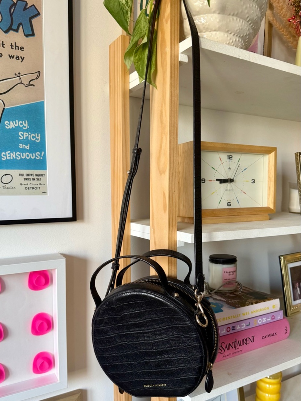 Rebecca Minkoff Black Croc-Embossed Round Leather Crossbody Shoulder Bag